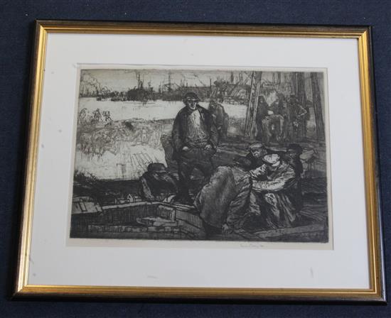 Frank Brangwyn (1867-1956) Wharf side, Thames 12 x 17.5in.